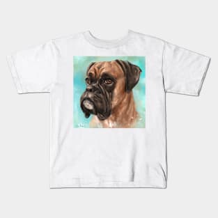 Painting of a Brown Coated Boxer Dog Looking Serious on Light Turquoise Background Kids T-Shirt